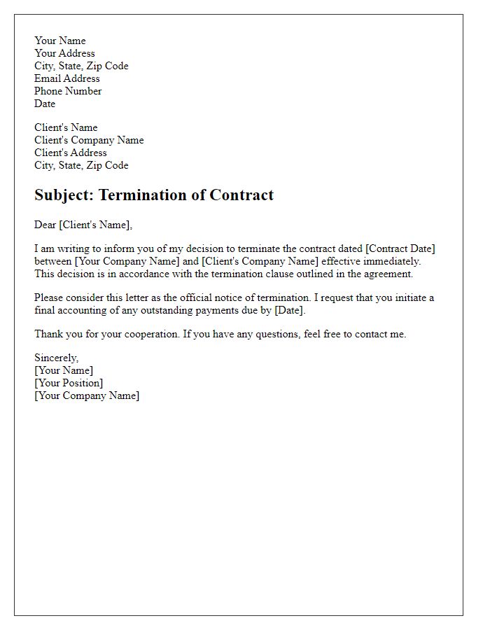 Letter template of unilateral decision for client contract termination