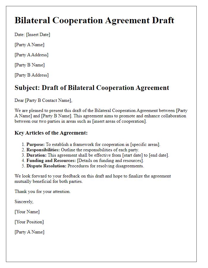 Letter template of Bilateral Cooperation Agreement Draft