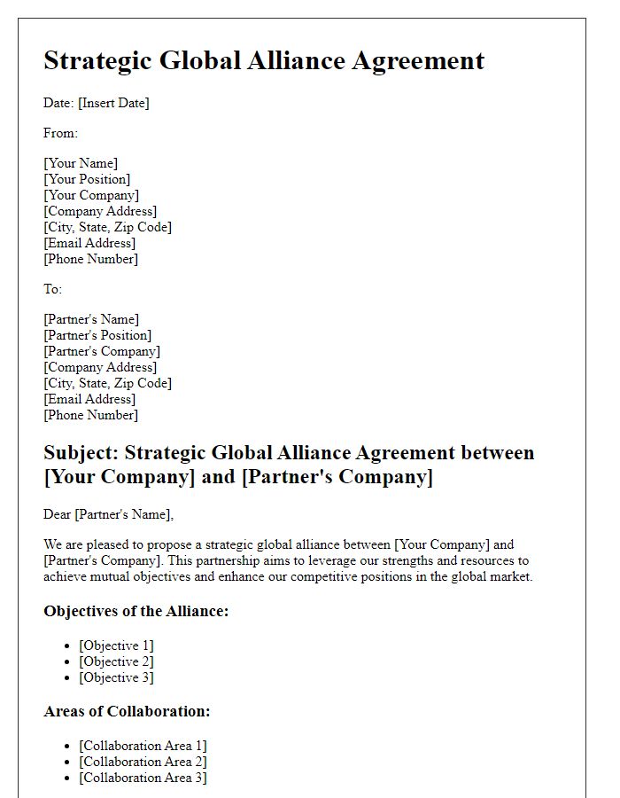 Letter template of Strategic Global Alliance Agreement