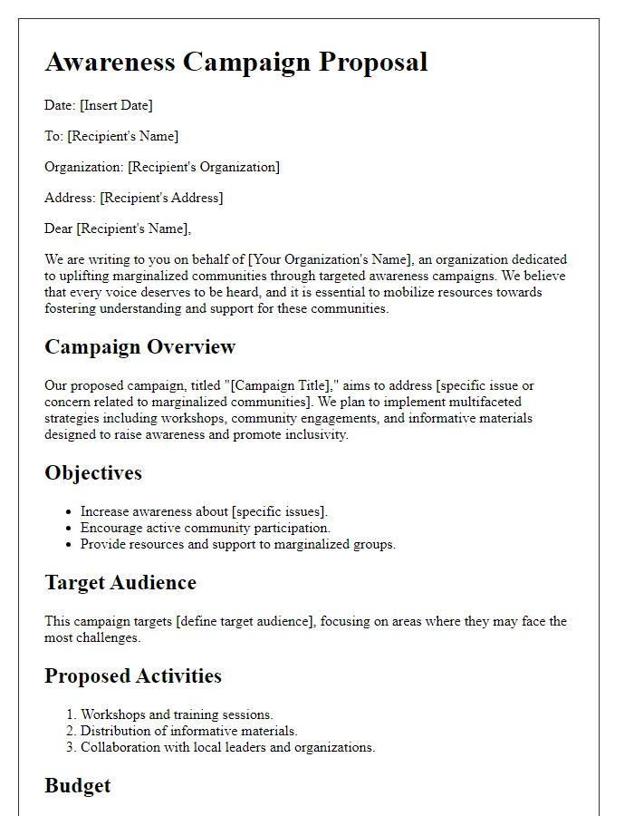 Letter template of awareness campaign proposal for marginalized communities