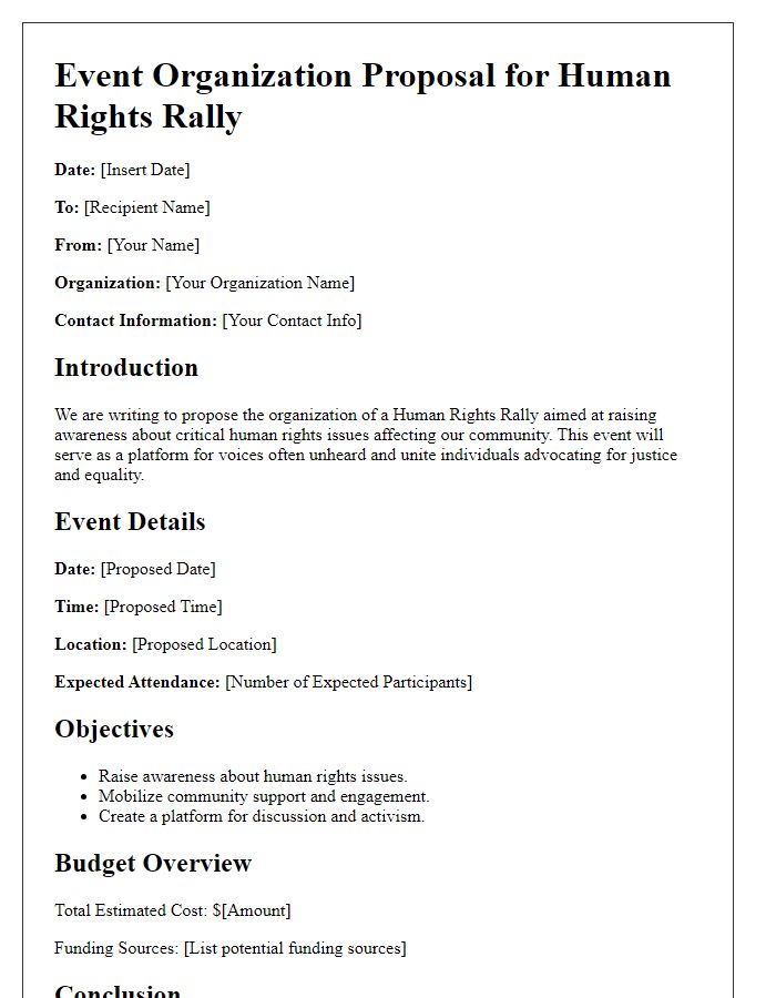 Letter template of event organization proposal for human rights rallies