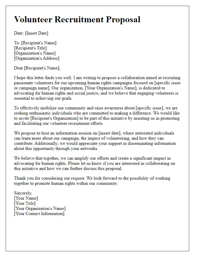 Letter template of volunteer recruitment proposal for human rights campaigns