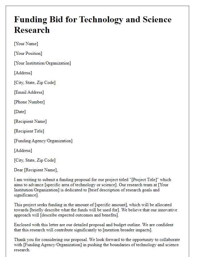 Letter template of funding bid for technology and science research