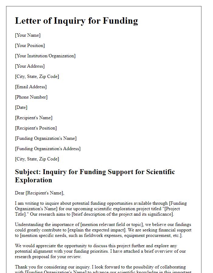 Letter template of funding inquiry for scientific exploration