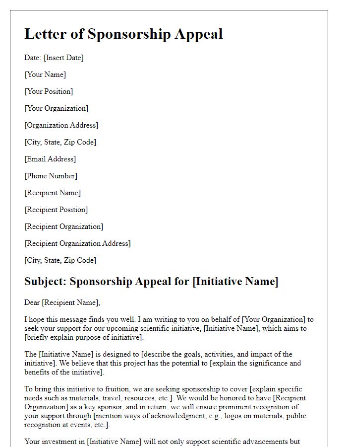 Letter template of sponsorship appeal for scientific initiatives