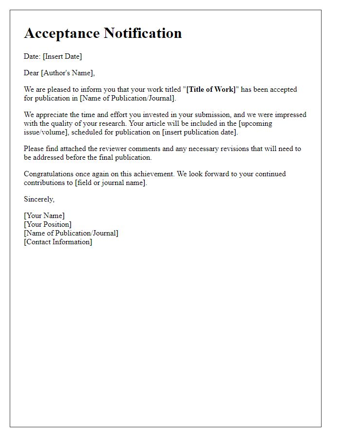 Letter template of acceptance notification for author's work