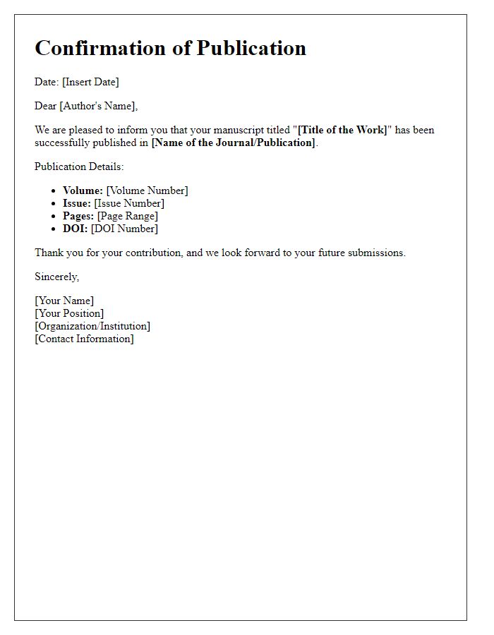 Letter template of confirmation for published work