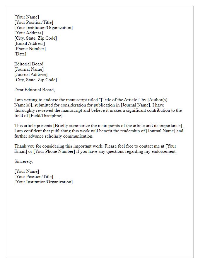 Letter template of endorsement for article acceptance