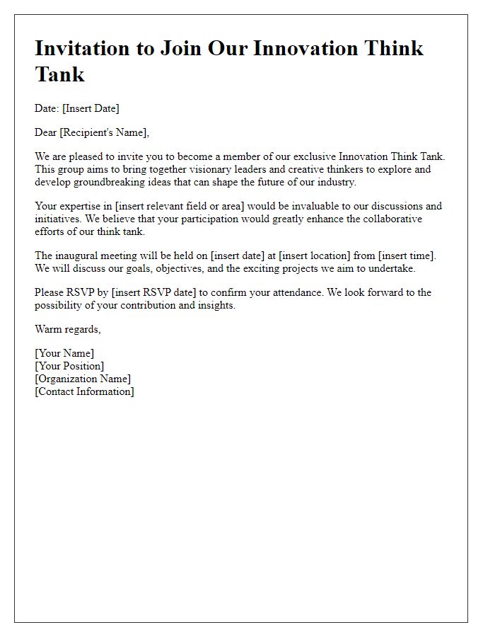 Letter template of formal invitation to join an innovation think tank