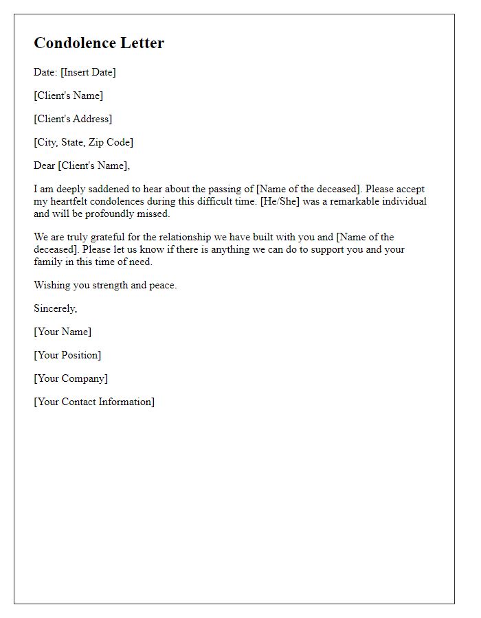 Letter template of professional condolence message for valued client.