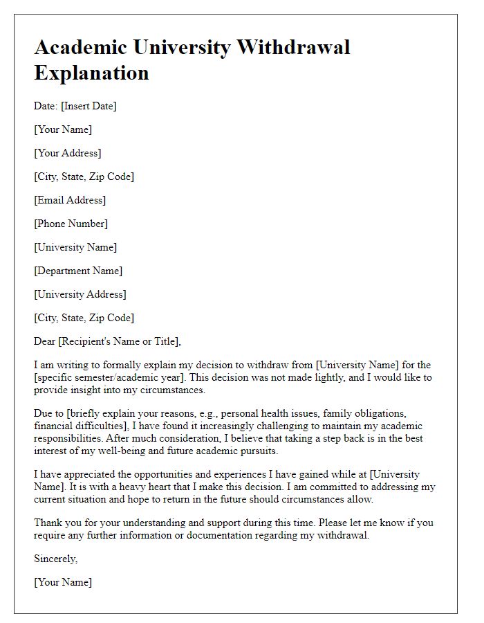 Letter template of academic university withdrawal explanation