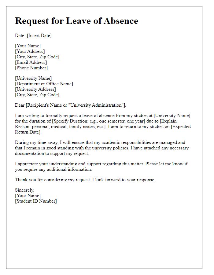 Letter template of requested university leave of absence