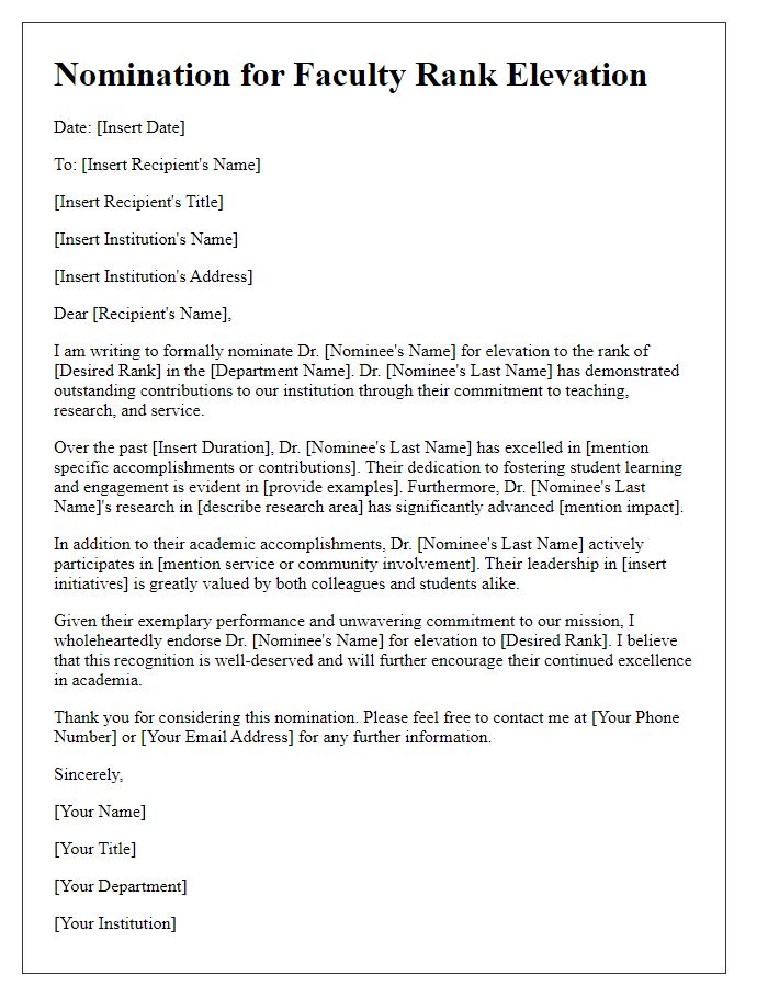 Letter template of nomination for faculty rank elevation