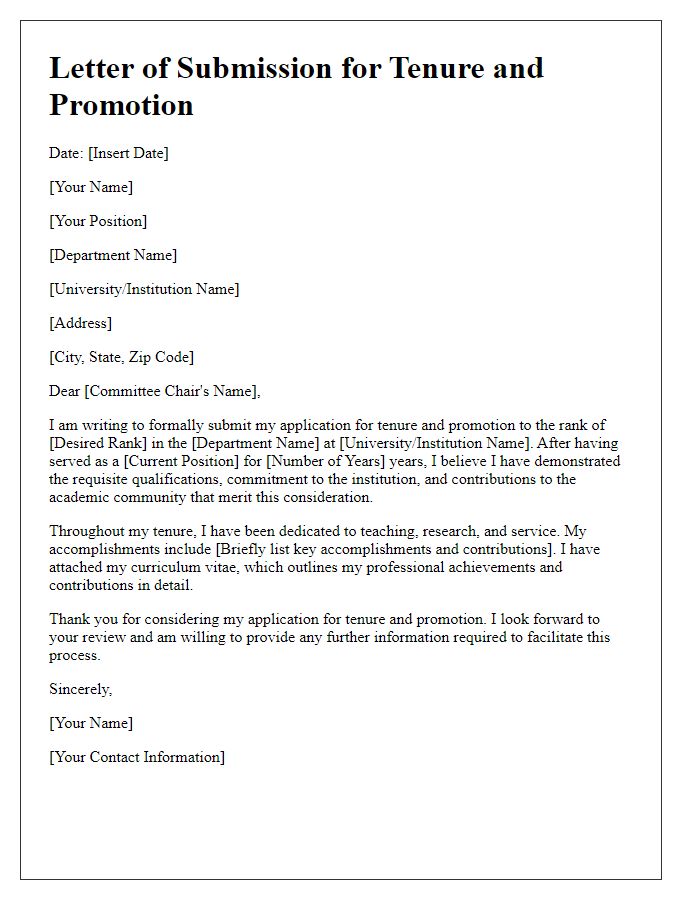 Letter template of submission for tenure and promotion