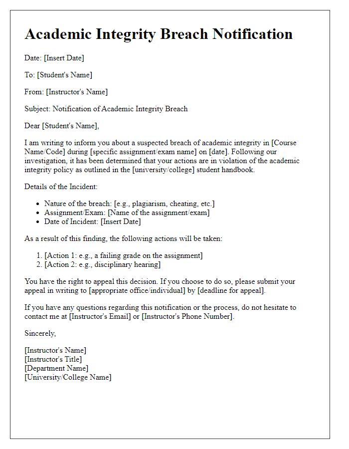 Letter template of Academic Integrity Breach Notification