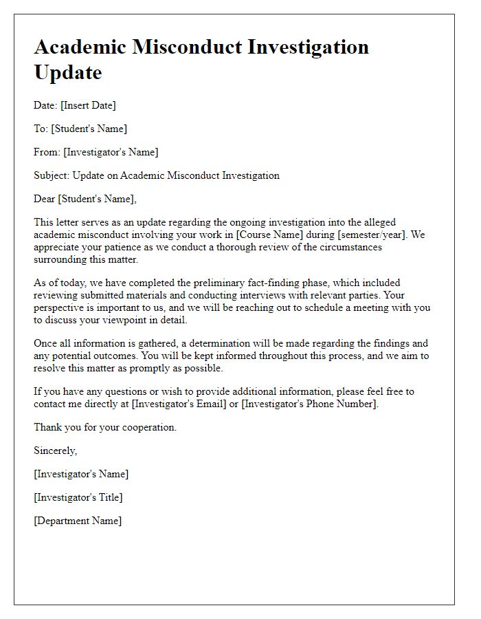 Letter template of Academic Misconduct Investigation Update