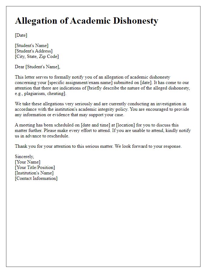 Letter template of Allegation of Academic Dishonesty