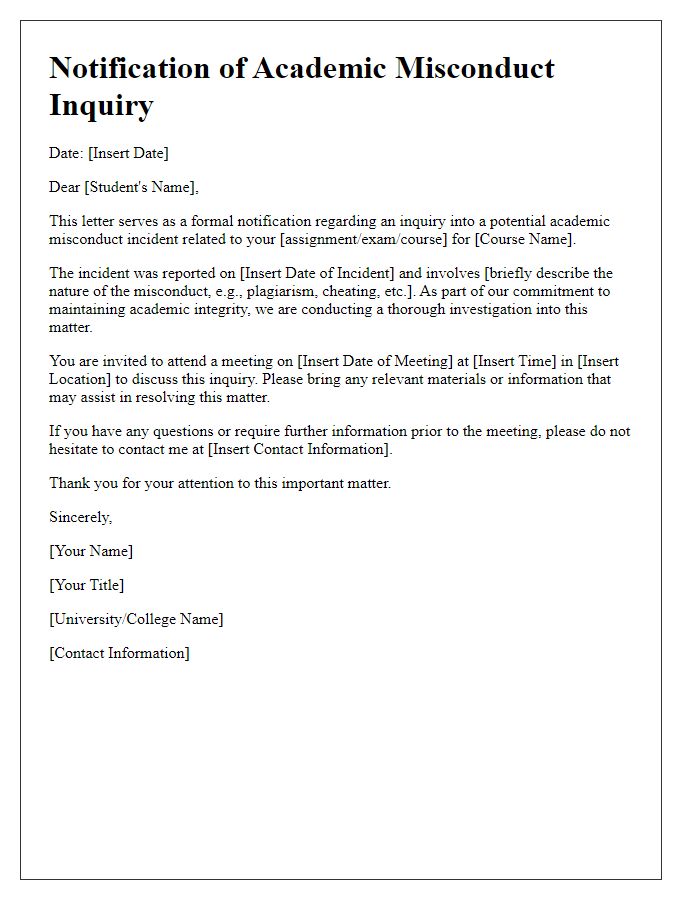 Letter template of Notification of Academic Misconduct Inquiry