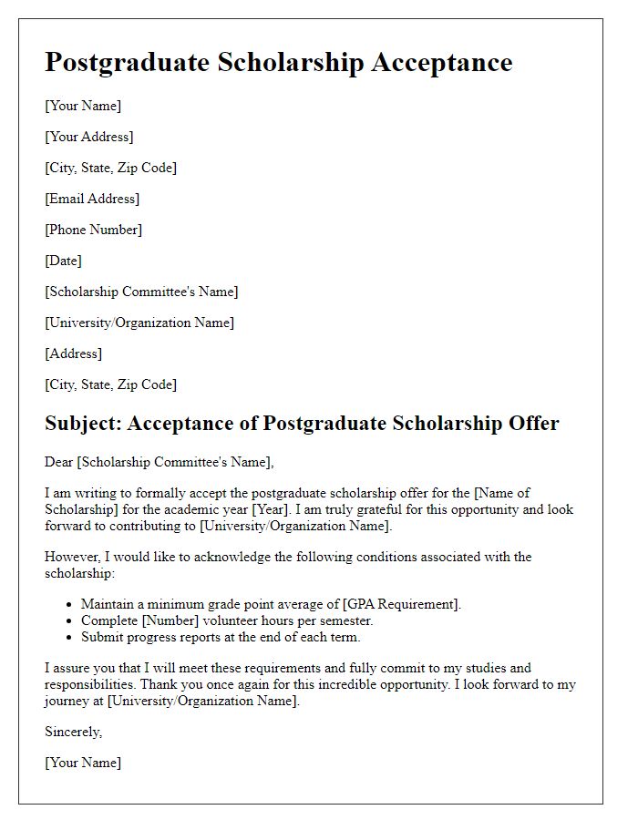 Letter template of postgraduate scholarship acceptance with conditions