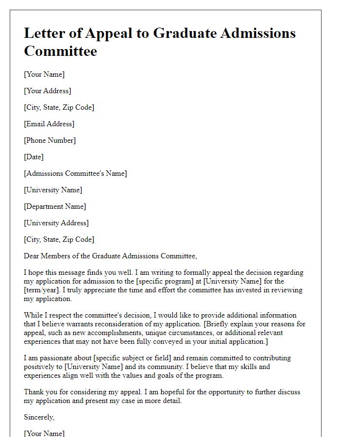 Letter template of appeal to graduate admissions committee