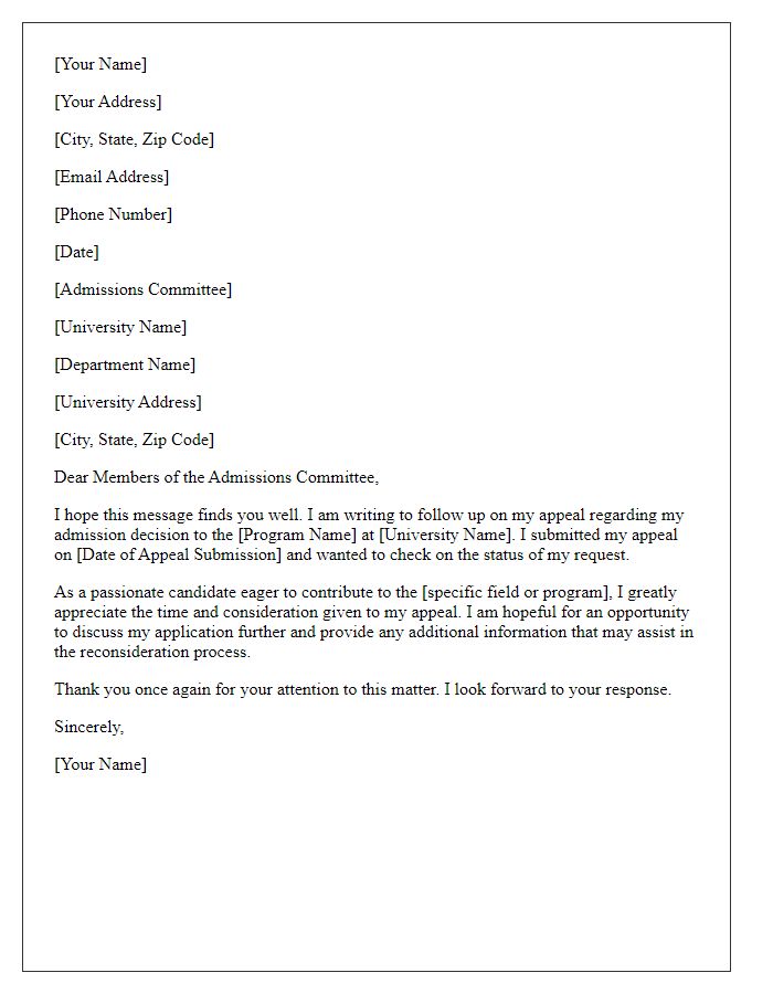 Letter template of follow-up on graduate school admission appeal