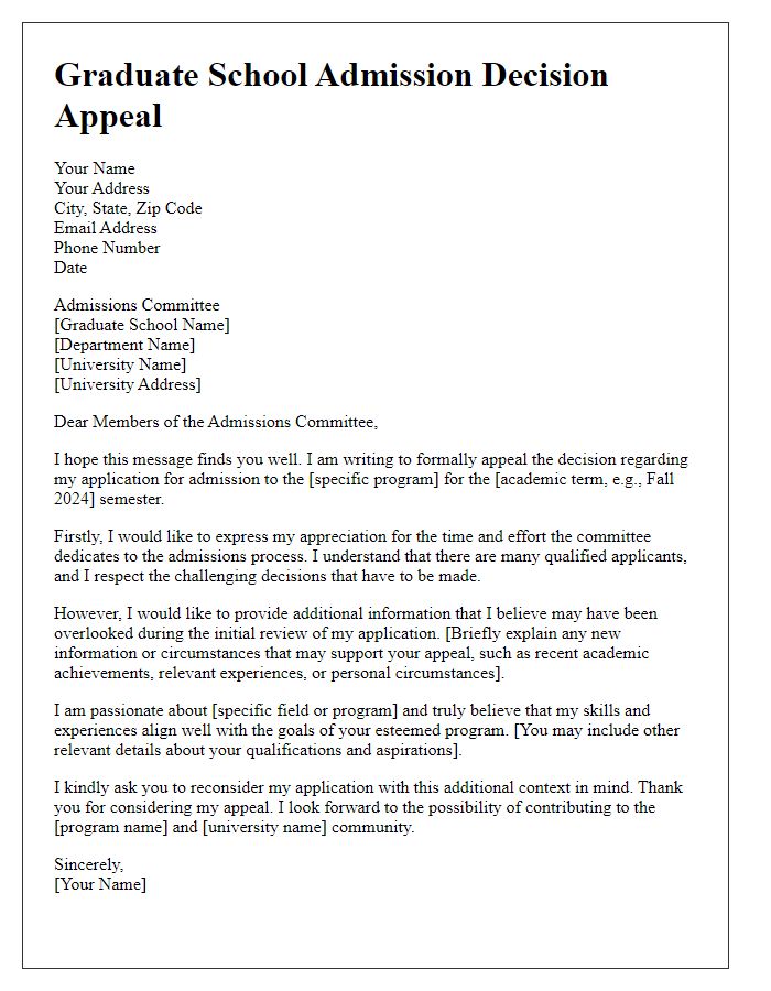 Letter template of graduate school admission decision appeal