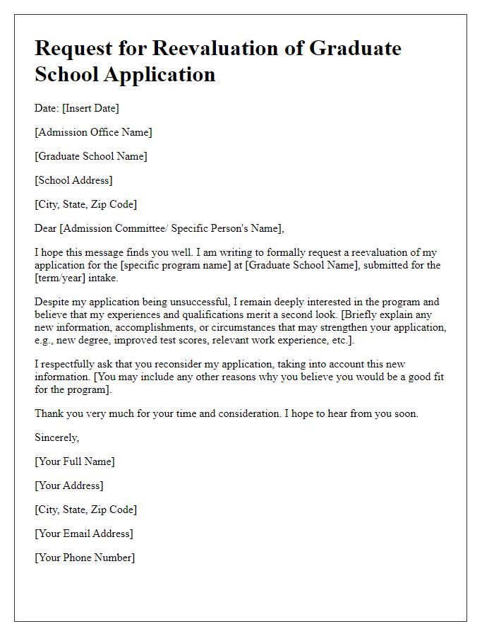 Letter template of request for reevaluation of graduate school application