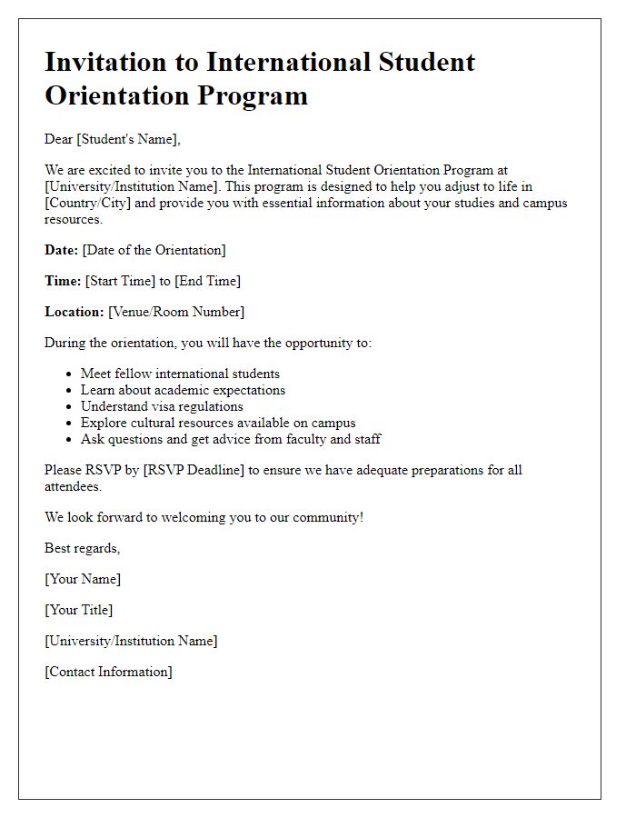 Letter template of international student orientation program invitation