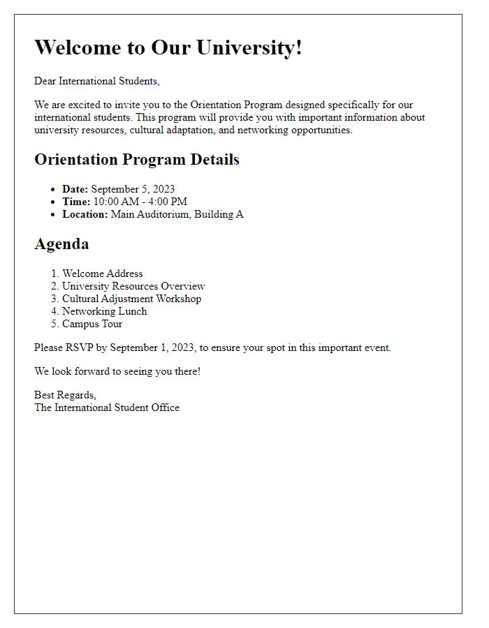 Letter template of orientation program details invitation for international students