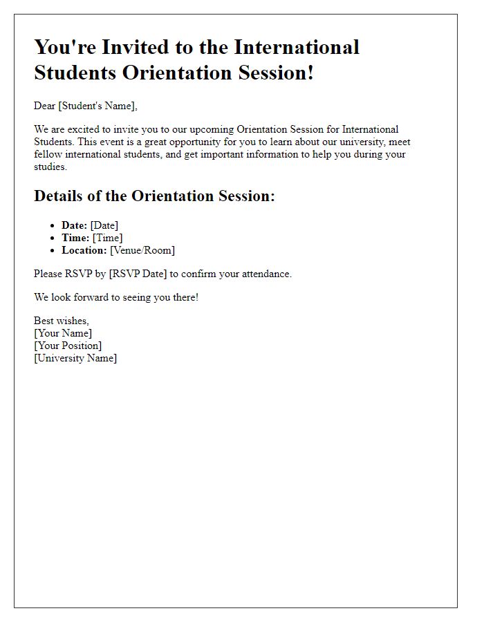 Letter template of orientation session invitation for international students