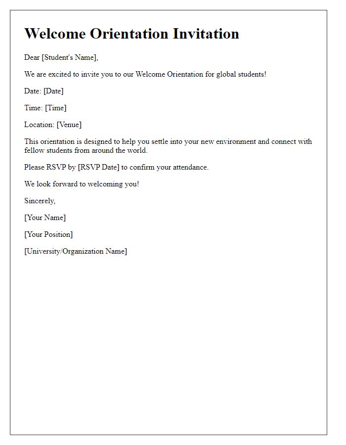 Letter template of welcome orientation invitation for global students