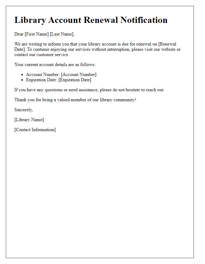 Letter template of library account renewal notification