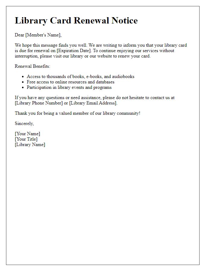 Letter template of library card renewal announcement