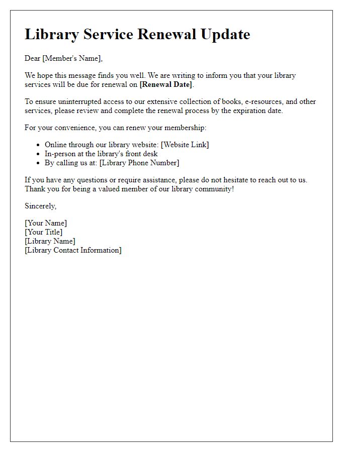 Letter template of library service renewal update