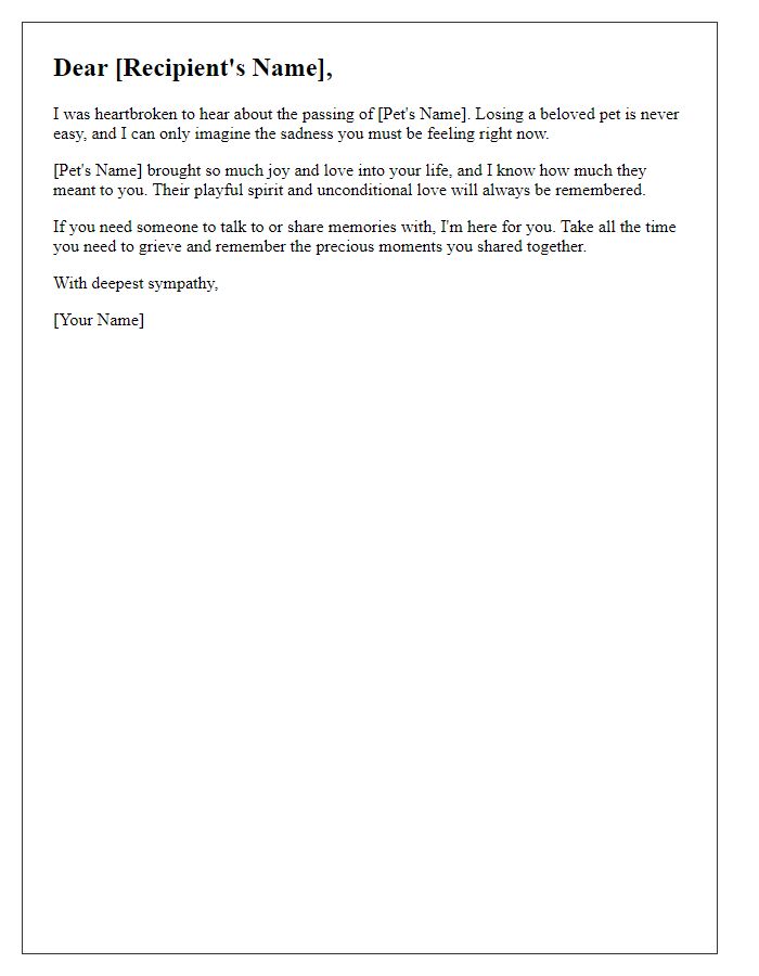 Letter template of condolence for a pet loss.