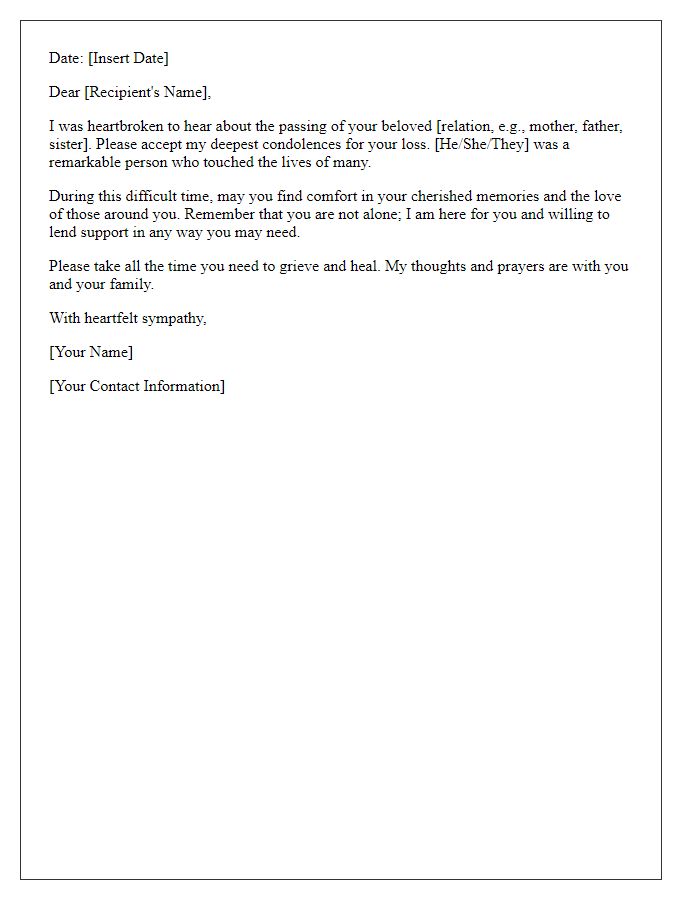 Letter template of sympathy for the loss of a family member.