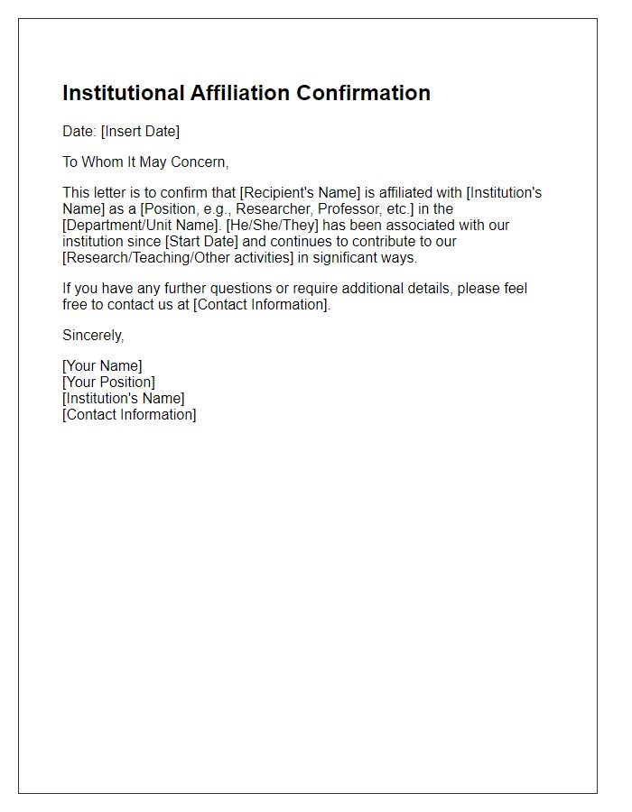 Letter template of institutional affiliation confirmation