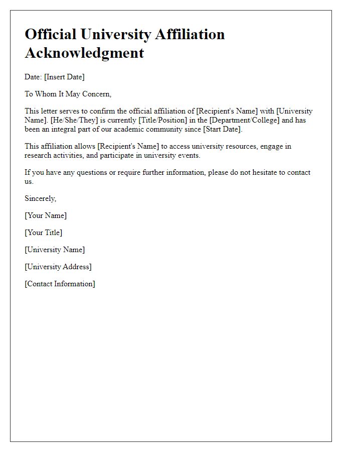 Letter template of official university affiliation acknowledgment