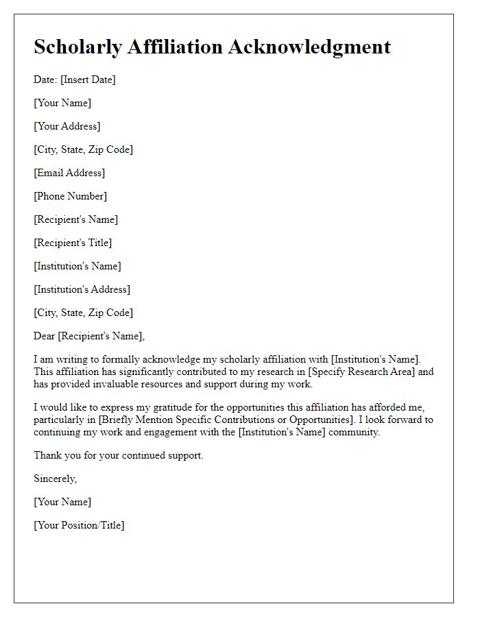 Letter template of scholarly affiliation acknowledgment