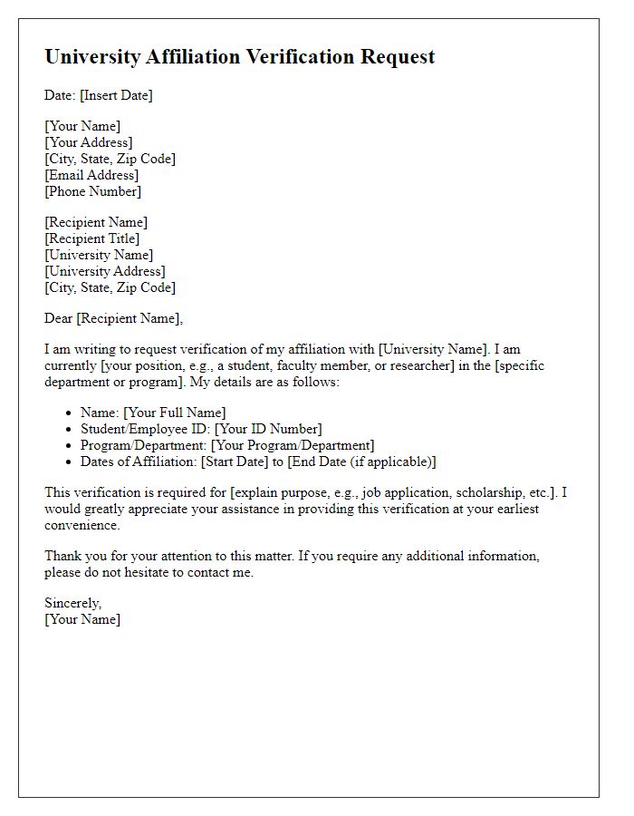 Letter template of university affiliation verification request