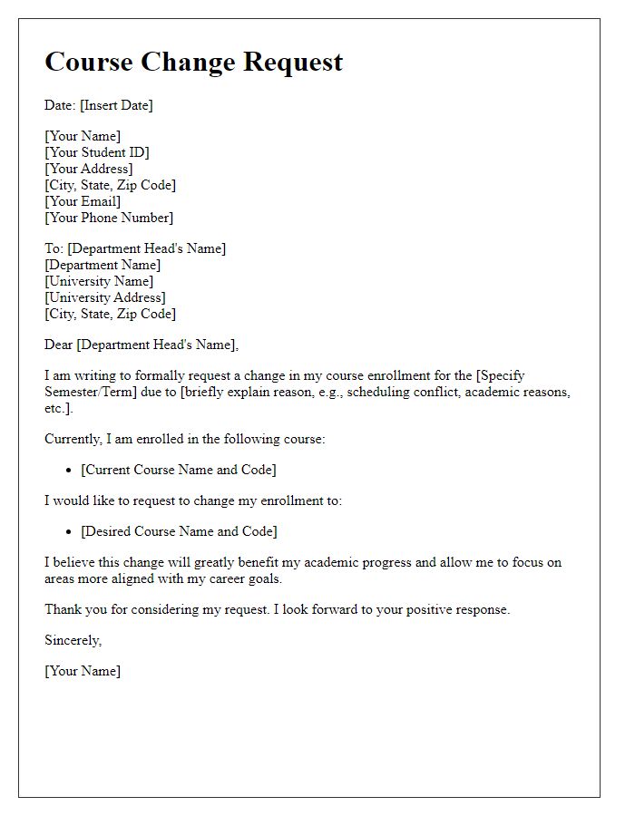 Letter template of course change request for undergraduate studies