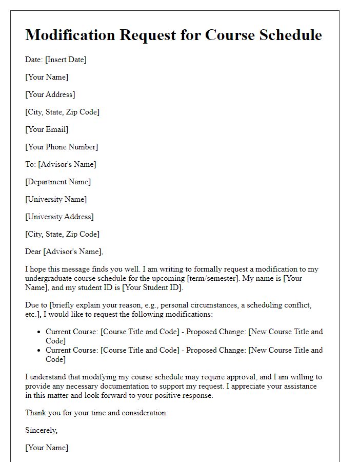 Letter template of modification request for undergraduate course schedule