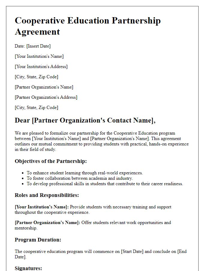 Letter template of cooperative education partnership