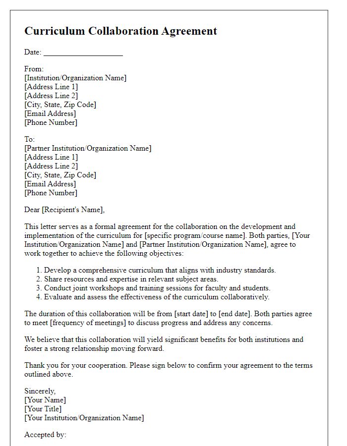 Letter template of curriculum collaboration agreement