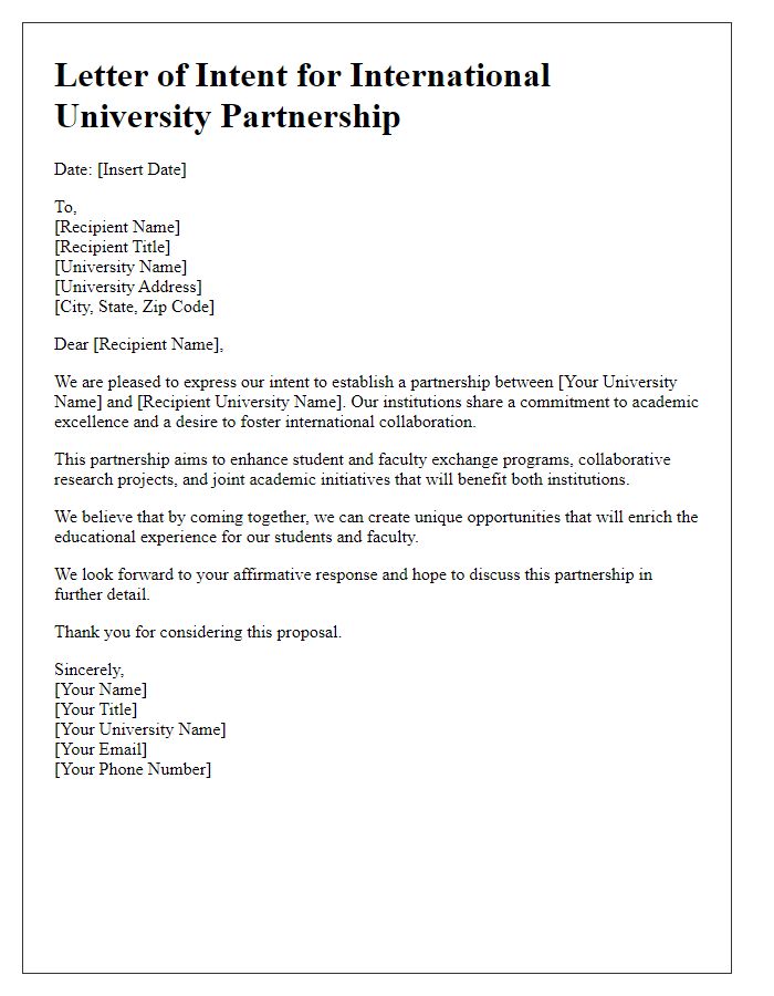 Letter template of international university partnership