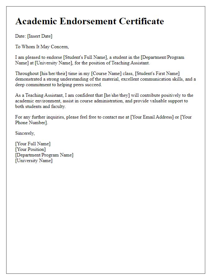 Letter template of academic endorsement certificate for teaching assistantship.