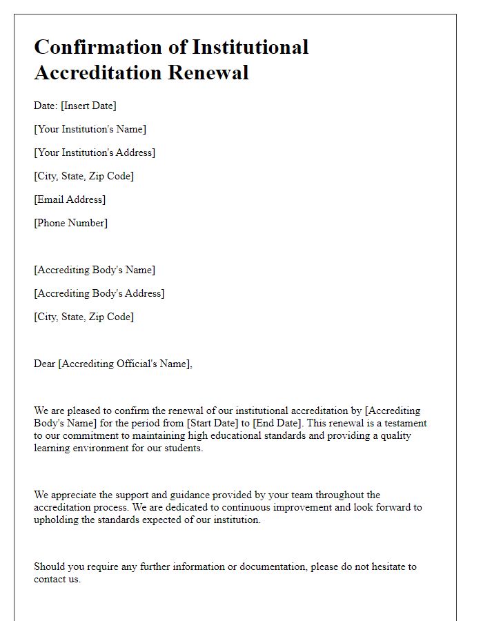 Letter template of confirmation for institutional accreditation renewal