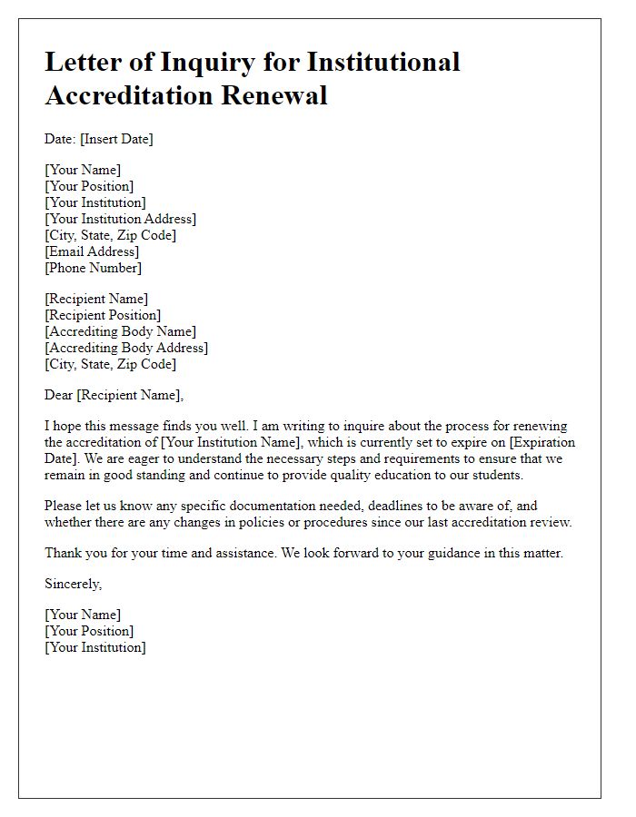 Letter template of inquiry for institutional accreditation renewal