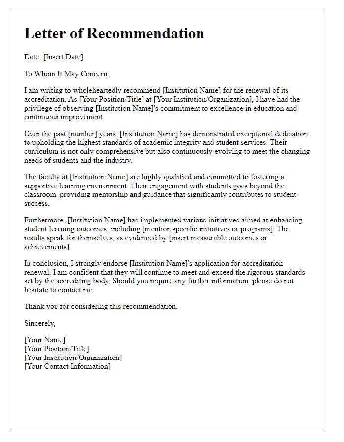 Letter template of recommendation for institutional accreditation renewal