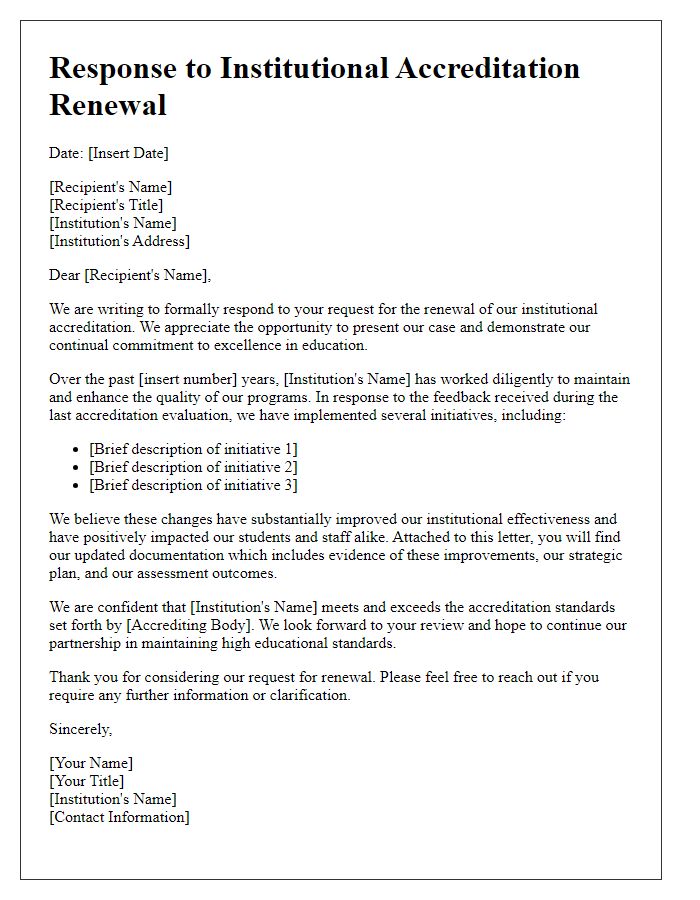 Letter template of response for institutional accreditation renewal